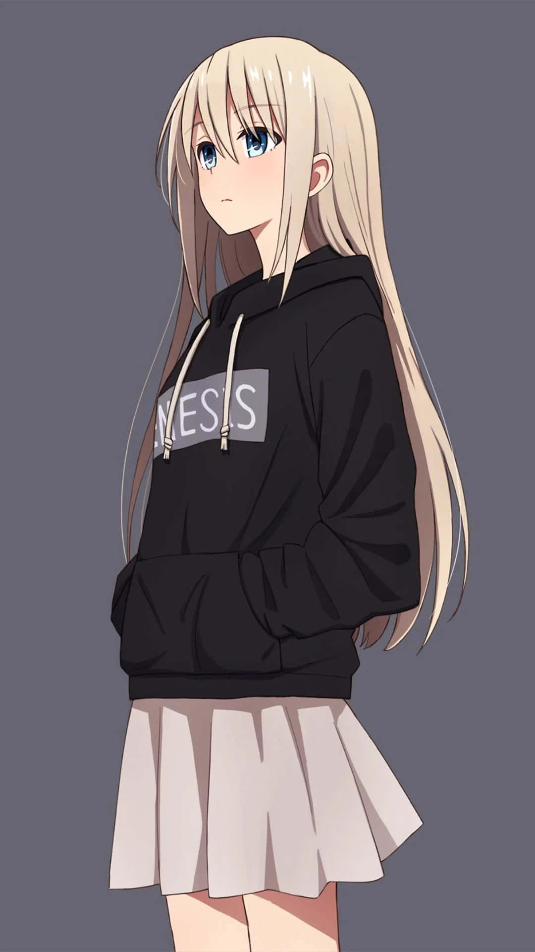長金髮藍眼動漫女孩穿著黑色連帽衫和白色裙子。