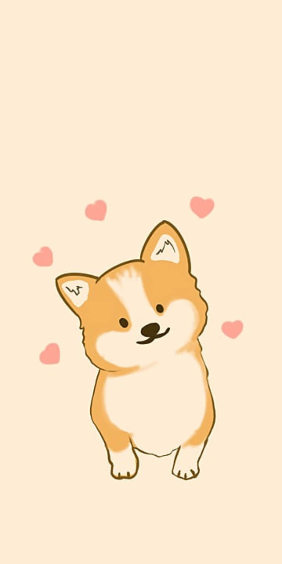 可愛鉛筆素描插畫 壁紙 — 一隻可愛的卡通柯基犬，擁有蓬鬆的白色和棕褐色毛髮，在柔和的米色背景上，快樂地被飄浮的粉紅色心形包圍。