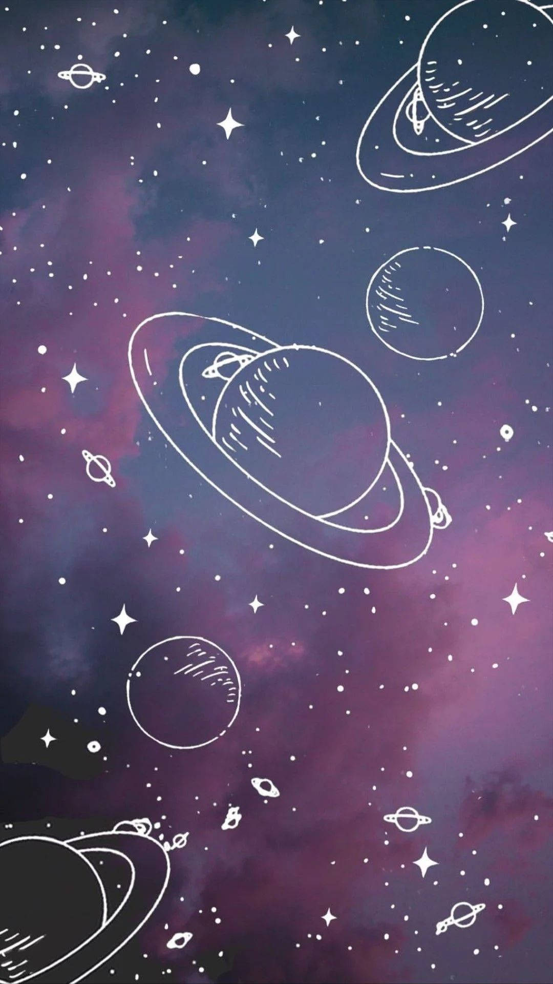 可愛銀河中的土星行星 壁紙 — 風格化的白色線條行星和星星漂浮在夢幻的紫色和藍色宇宙漸變天空上。