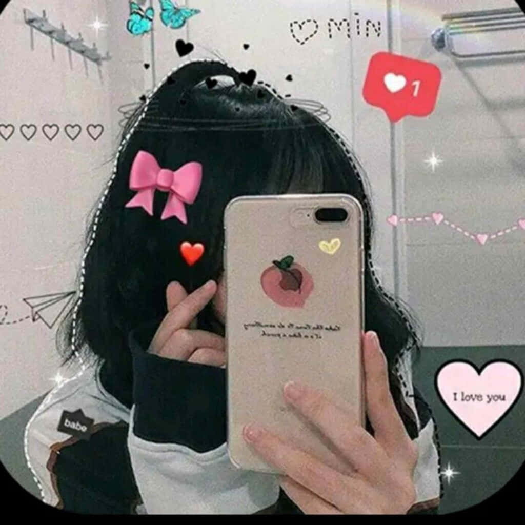 可愛鏡前自拍TikTok頭像 壁紙 — 一位黑髮人士在鏡子前自拍，帶有數碼心形和粉紅色蝴蝶結濾鏡效果。