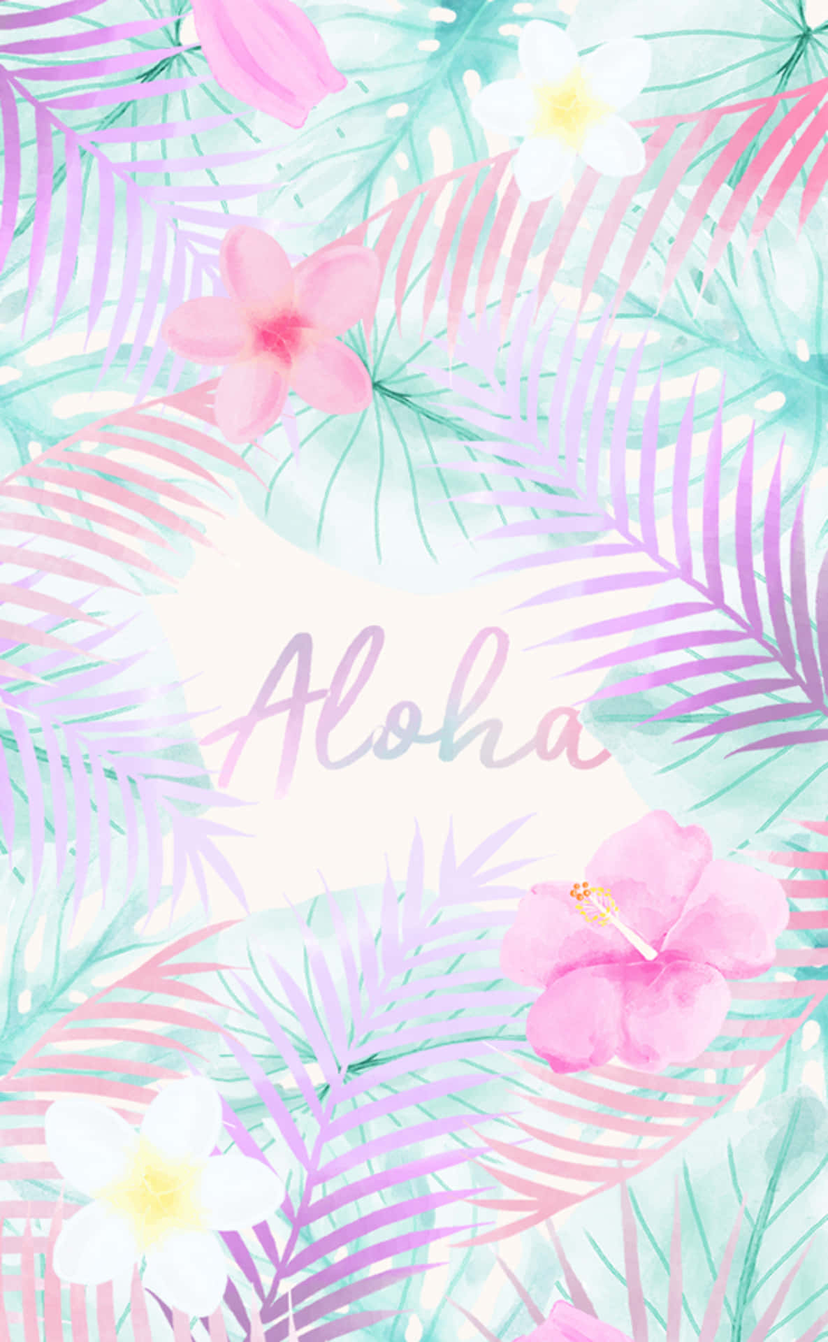 熱帶水彩壁紙，粉紅色花朵和綠色葉子圍繞著「Aloha」一詞。 — 夏日風格 壁紙