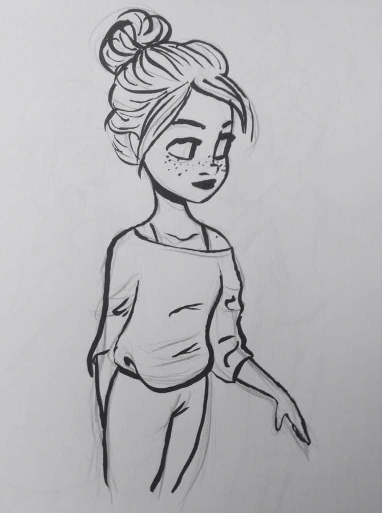 可愛雀斑女孩素描圖 壁紙 — 一幅迷人的黑白線條畫，描繪一位有雀斑和高髮髻的女孩溫柔微笑。