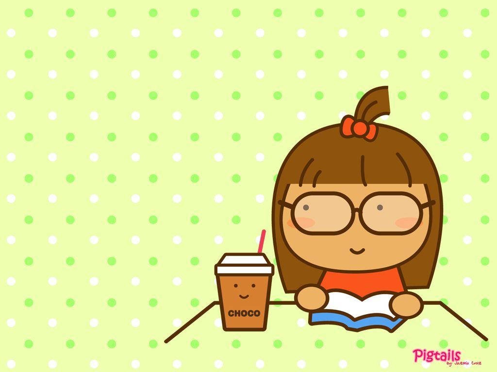 可愛雙馬尾女孩桌面壁紙 壁紙 — 一個戴眼鏡的可愛卡通女孩在圓點背景上，旁邊有一杯微笑的朱古力飲品，正在看書。