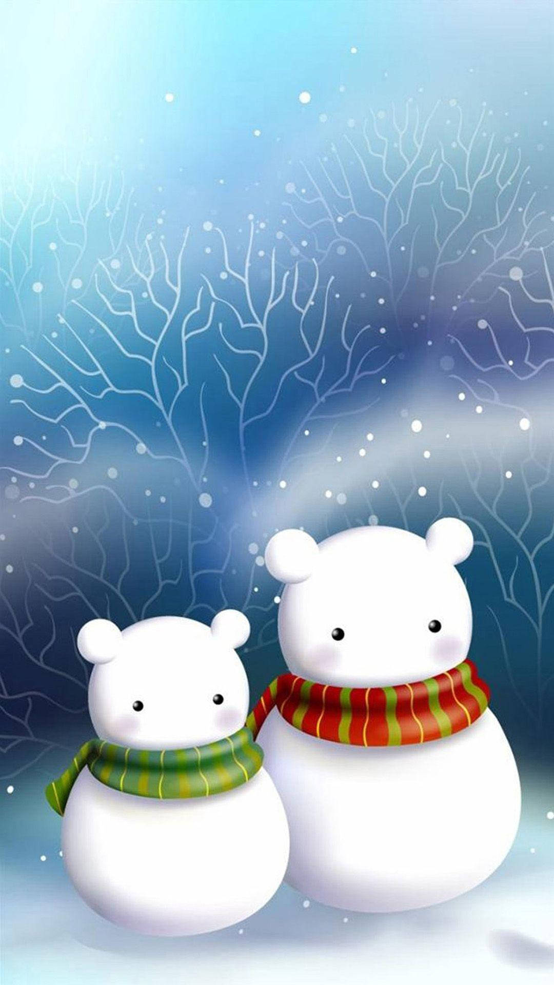 兩個戴著圍巾的雪人在雪白的冬季景觀中。