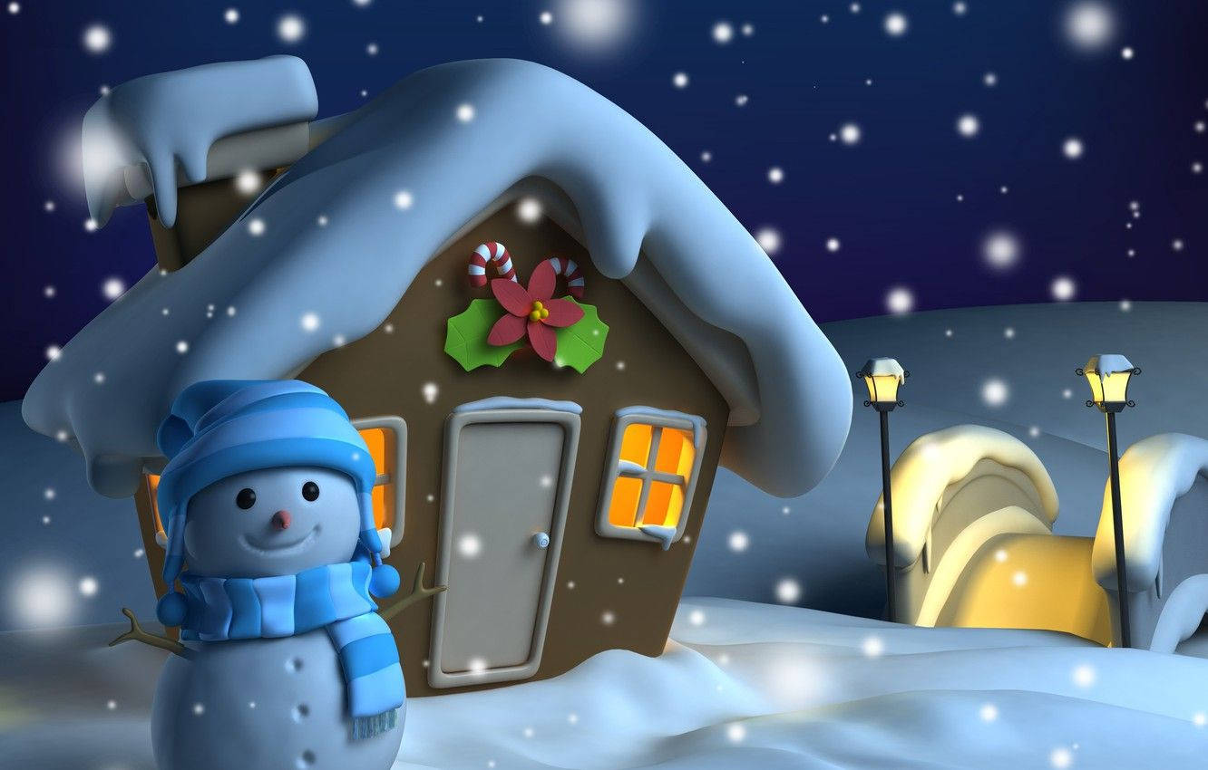 雪人旁邊是一間舒適的、被雪覆蓋的小屋，在飄落的雪下溫暖地發光。