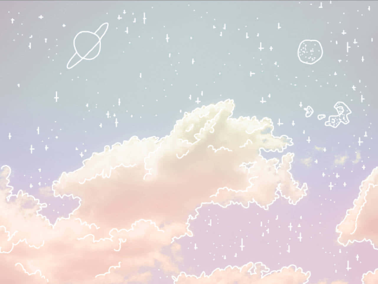 柔和的粉彩雲朵，帶有輪廓行星和星星，在夢幻的天空中。