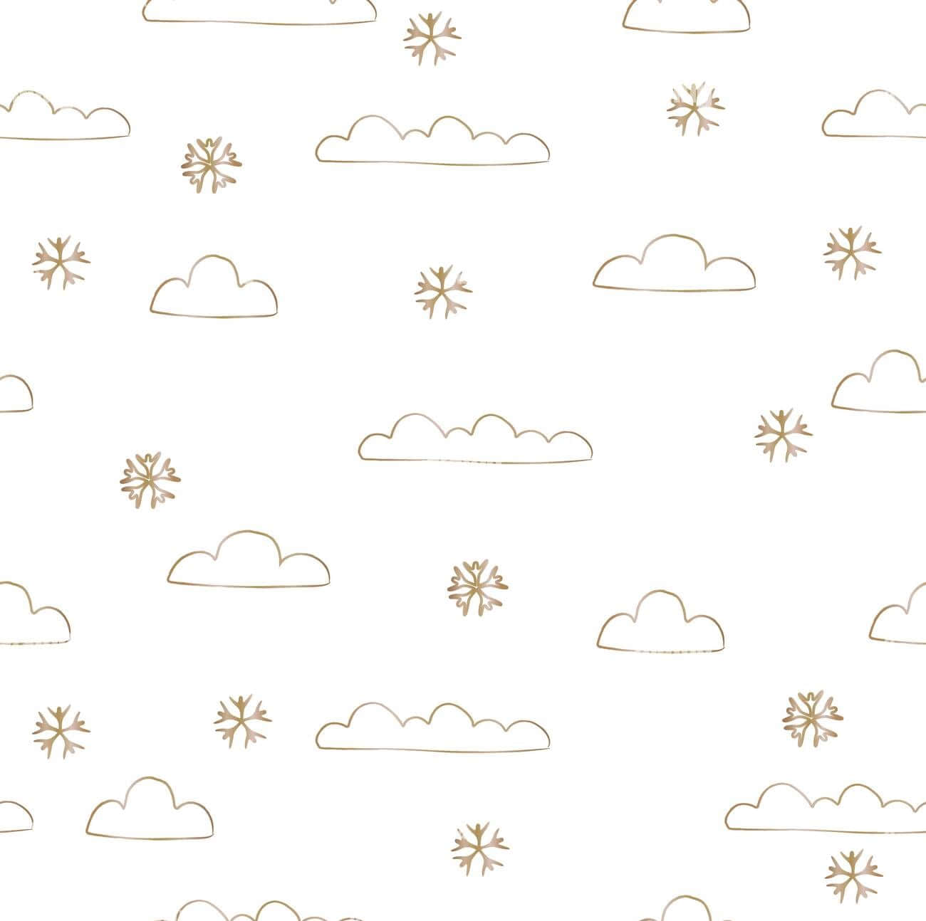 金色輪廓的雲朵和雪花在白色背景上。
