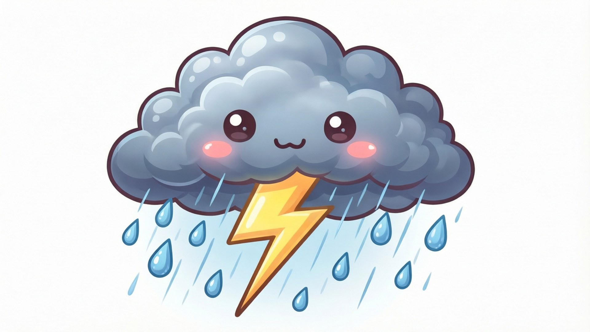 一朵微笑的灰色雲，臉頰紅潤，正在下雨並擊出一道黃色閃電。