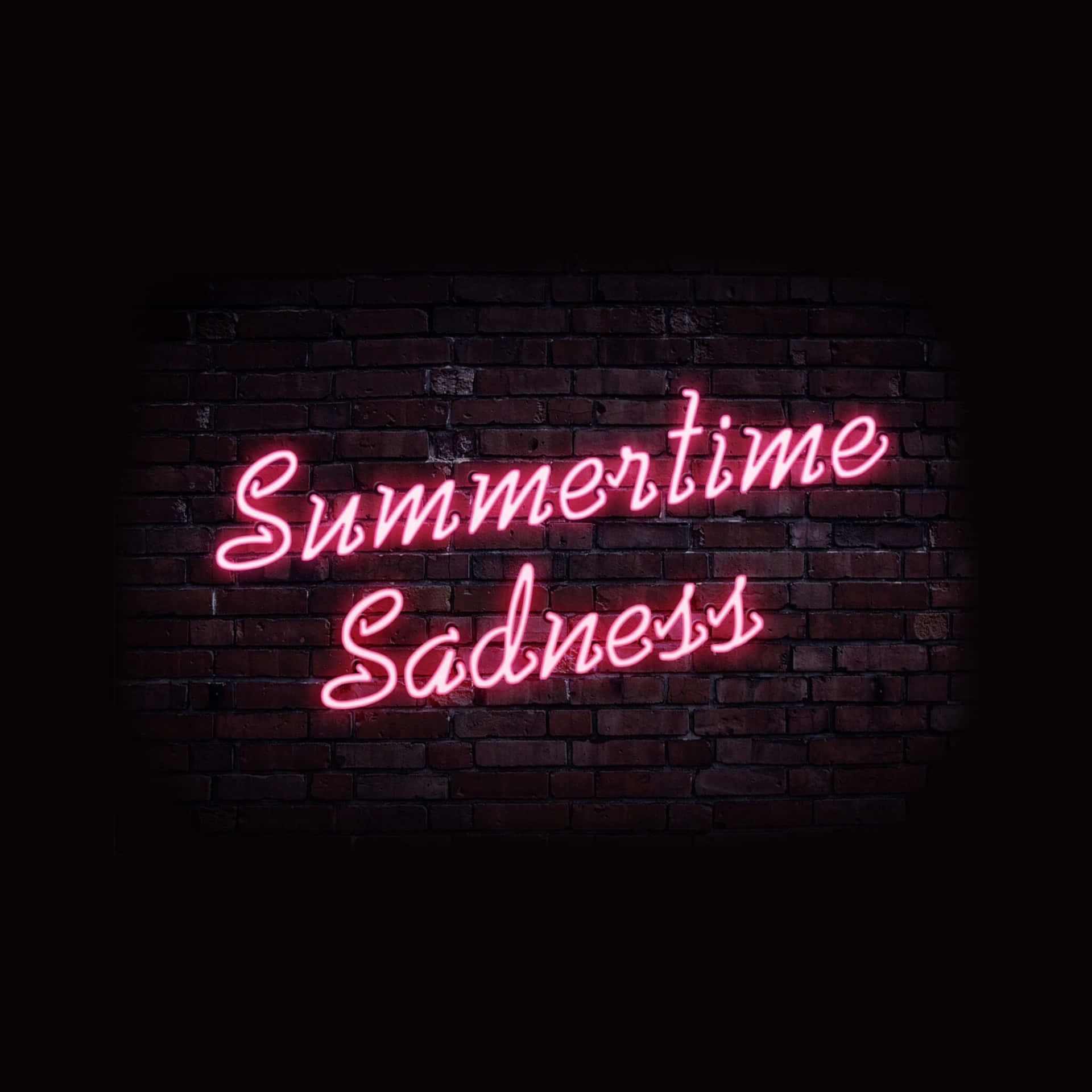 夜間深色磚牆上寫著「Summertime Sadness」的粉紅色霓虹燈牌。
