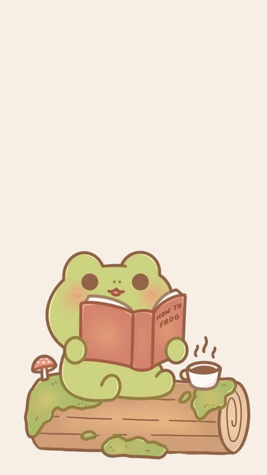 可愛青蛙閱讀插畫 壁紙 — 一隻可愛的綠色青蛙坐在木頭上，讀著一本名為 How to Frog 的書，一邊喝著熱可可，旁邊還有一朵蘑菇。