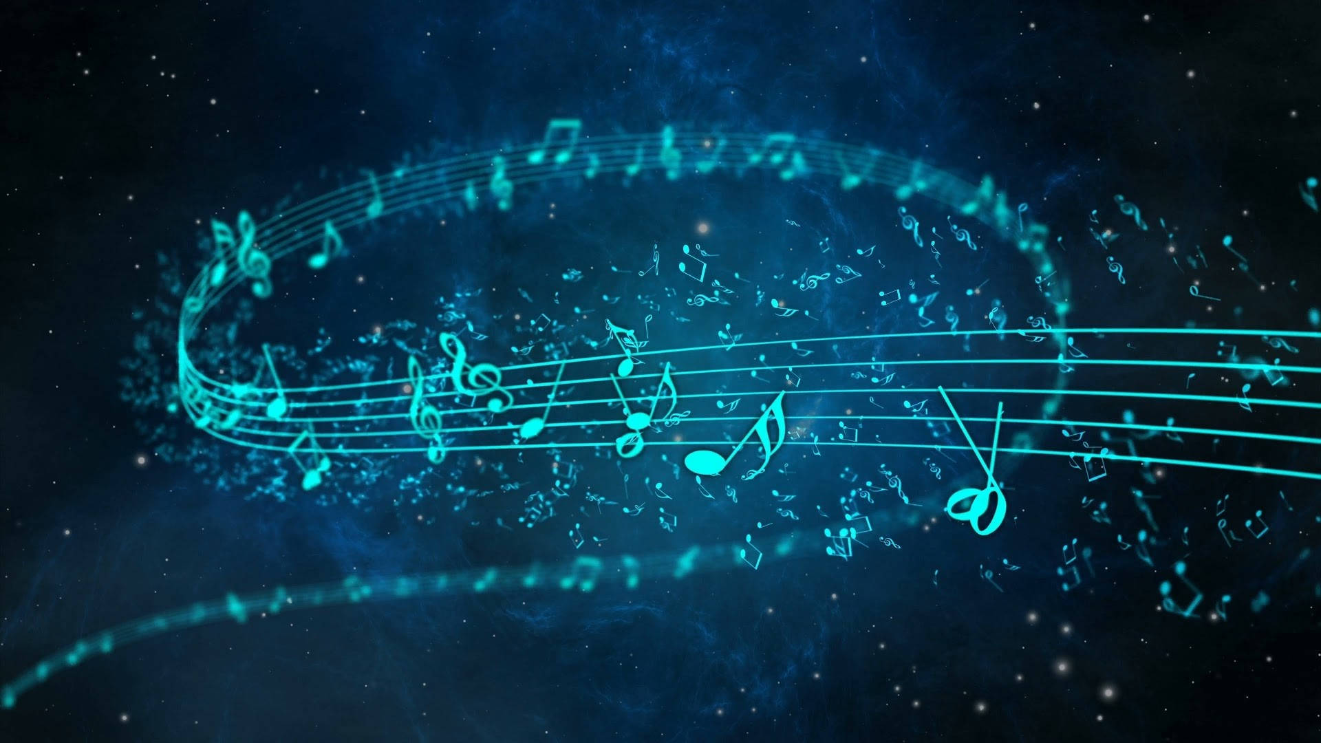 在繁星宇宙空間中漂浮的發光音符。
