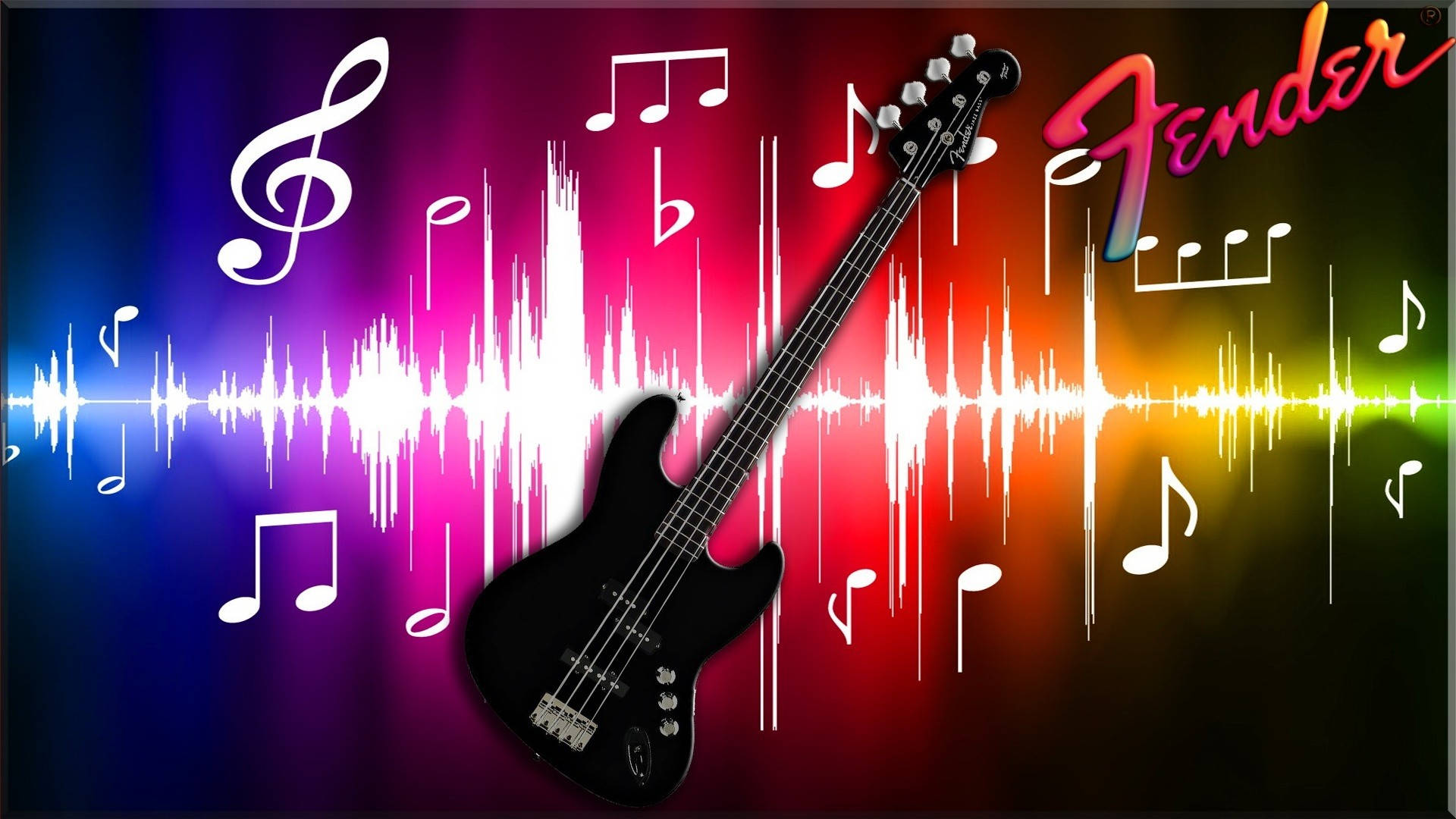 黑色Fender低音結他被音符和聲波圖形包圍。