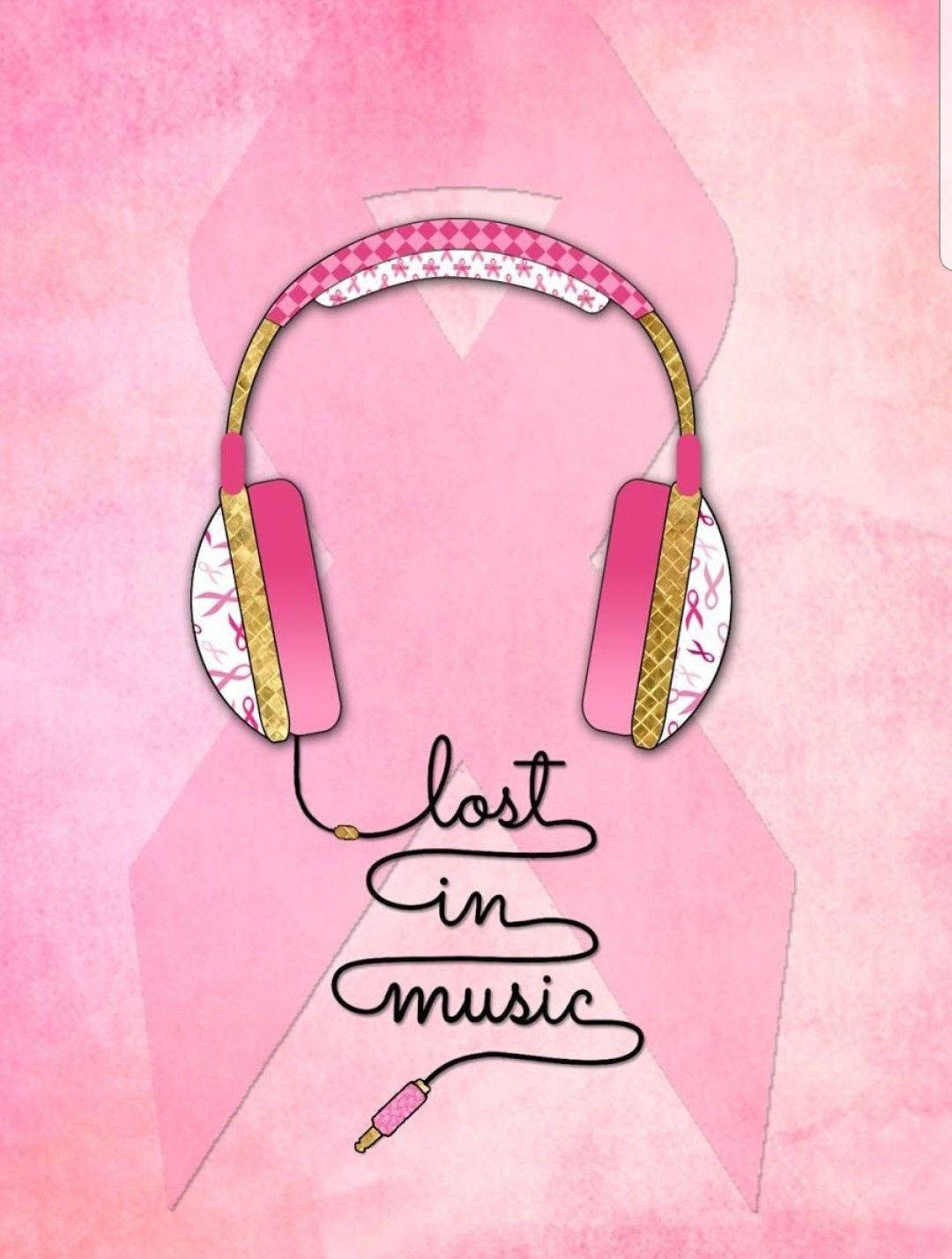 粉紅色耳機帶有絲帶設計和「lost in music」文字，在粉紅色水彩背景上。