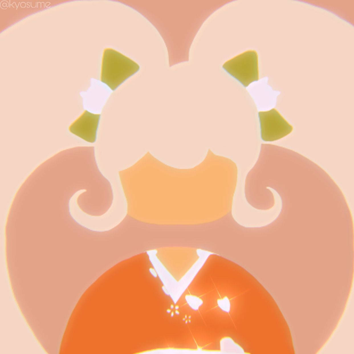 穿著橙色和服的動漫女孩，帶有綠色蝴蝶結和發光細節。