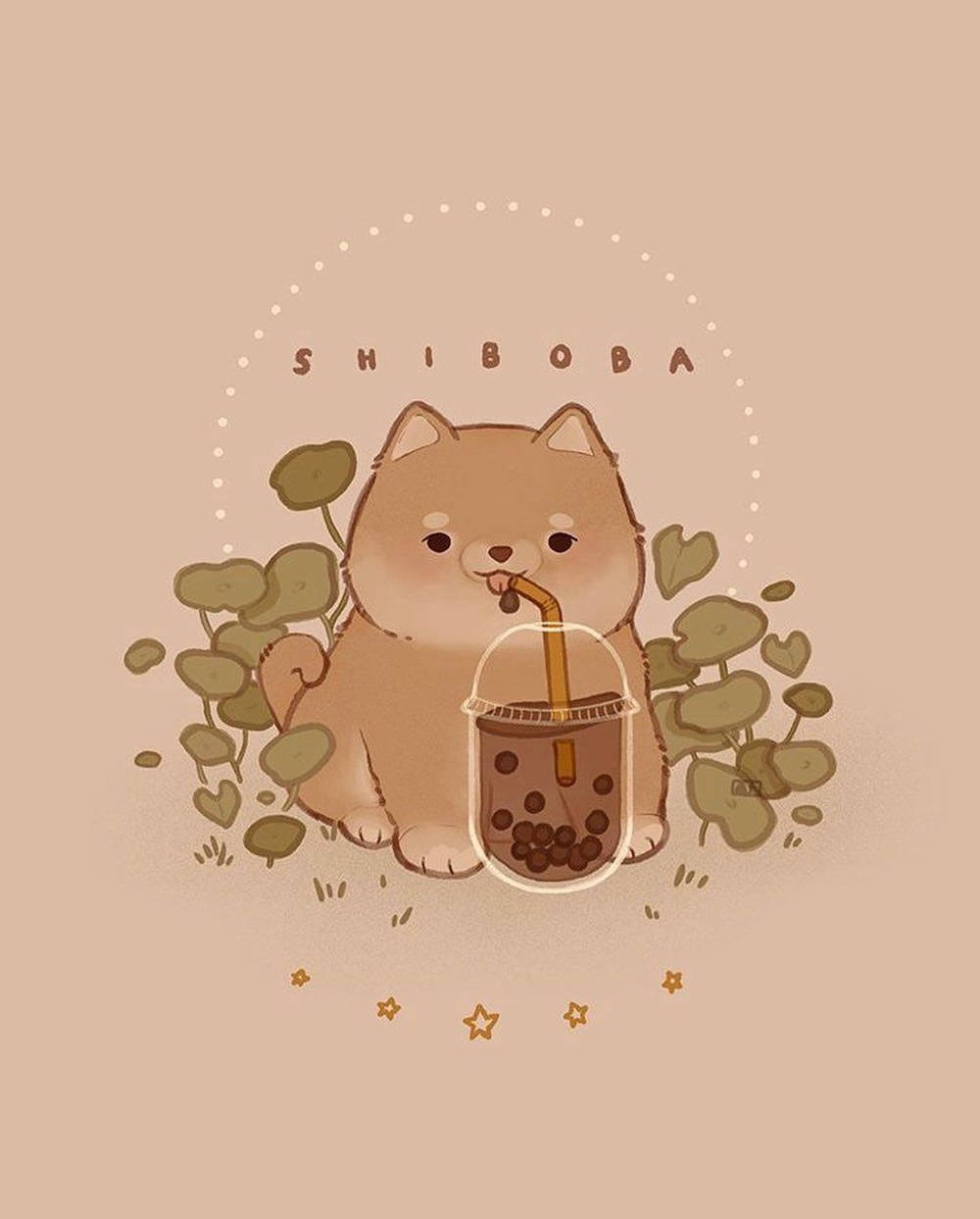 一隻卡通柴犬喝著珍珠奶茶，周圍有心形葉子和星星。