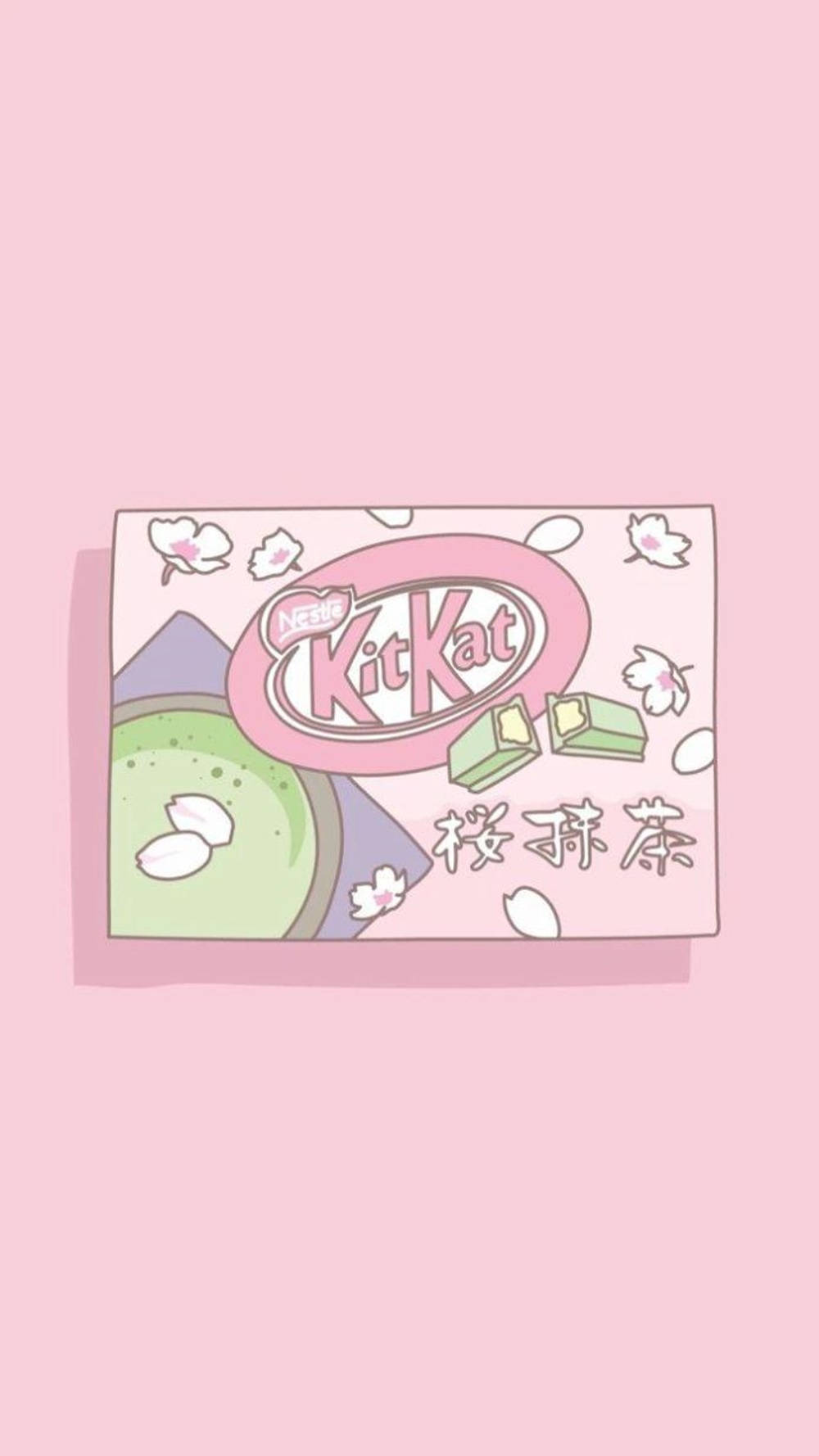 柔和粉紅色背景上的粉紅色插圖KitKat抹茶櫻花糖果盒。
