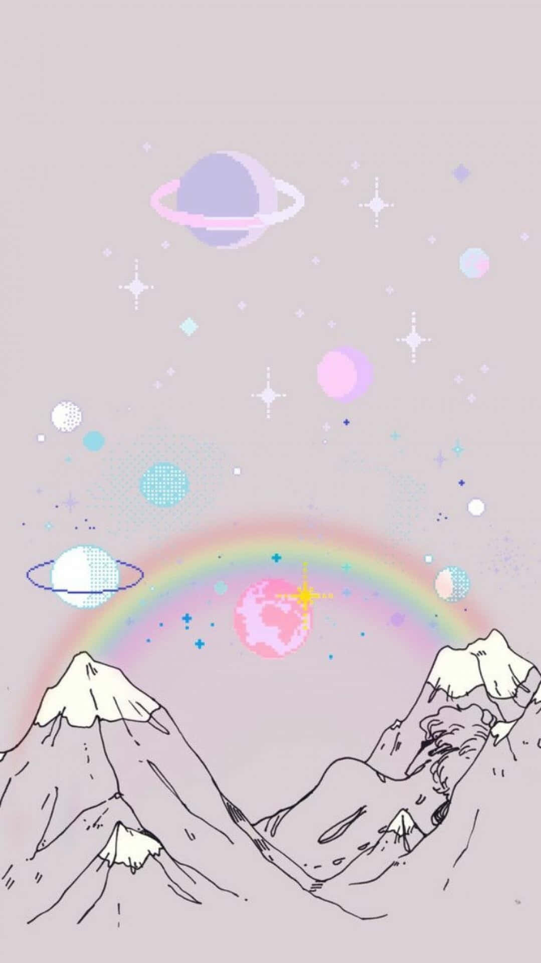 山脈在一個有行星、星星和彩虹的天空下