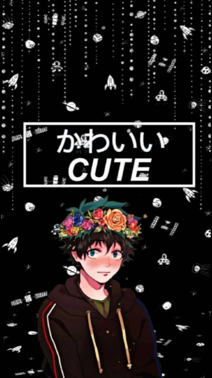 戴著花冠的動漫男孩，周圍有太空塗鴉墜落。