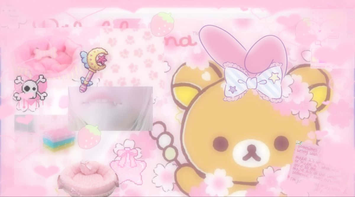 可愛馬卡龍熊主題 壁紙 — 一隻可愛的黃色小熊，戴著一個大粉紅色蝴蝶結，坐在粉彩粉紅色花卉圖案和異想天開的卡通元素之中。
