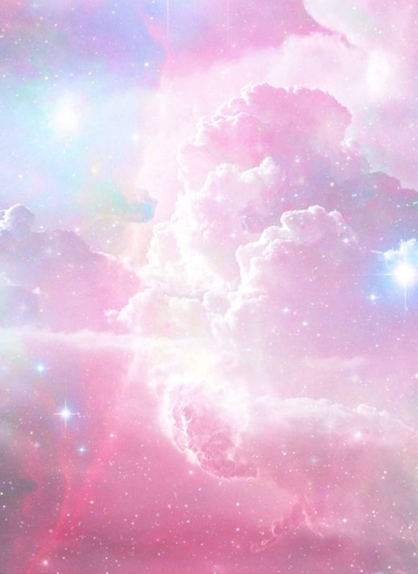 可愛馬卡龍色閃耀雲朵 壁紙 — 夢幻般的宇宙場景，蓬鬆的粉紅色和紫色雲彩在閃爍的星星和柔和的粉彩星雲中旋轉。