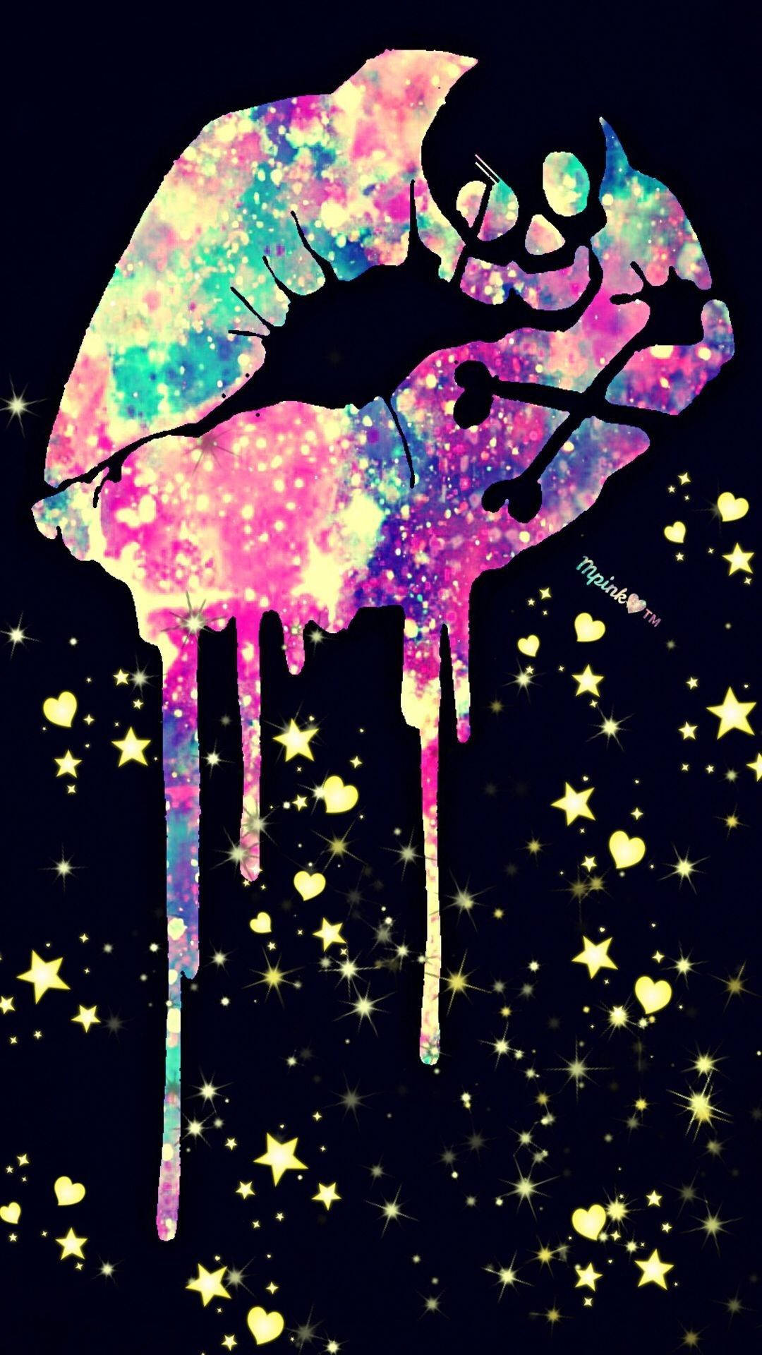 一個色彩繽紛的滴落親吻剪影，在黑暗背景上被星星和心形環繞。