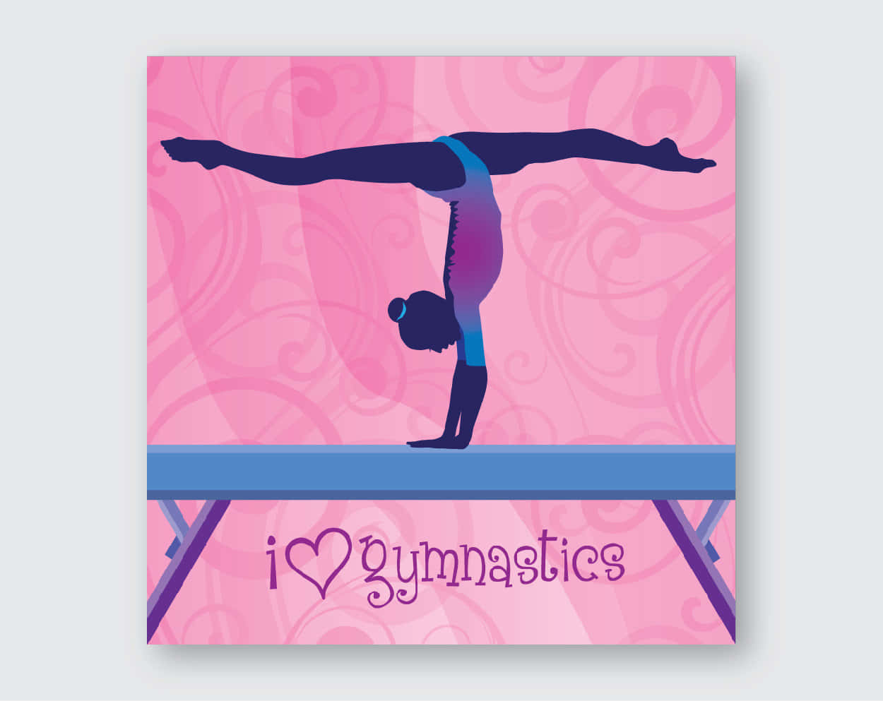 體操運動員在平衡木上倒立，背景為粉紅色旋轉圖案和i heart gymnastics文字。