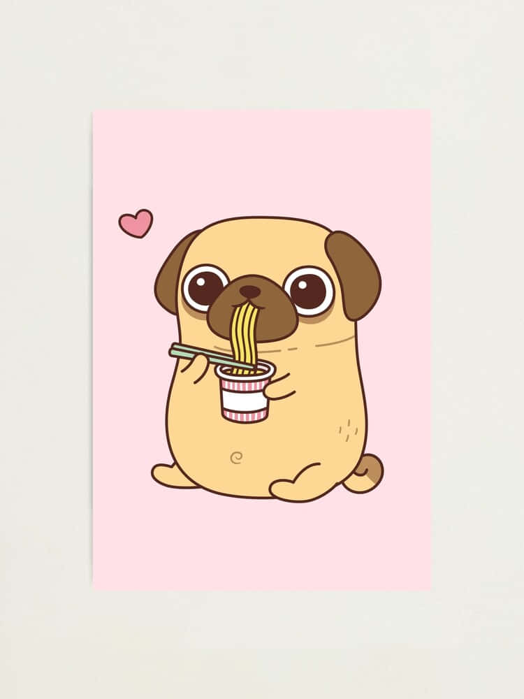 一隻卡通八哥犬用筷子從杯子裡吃麵條，頭頂上有一個心形。