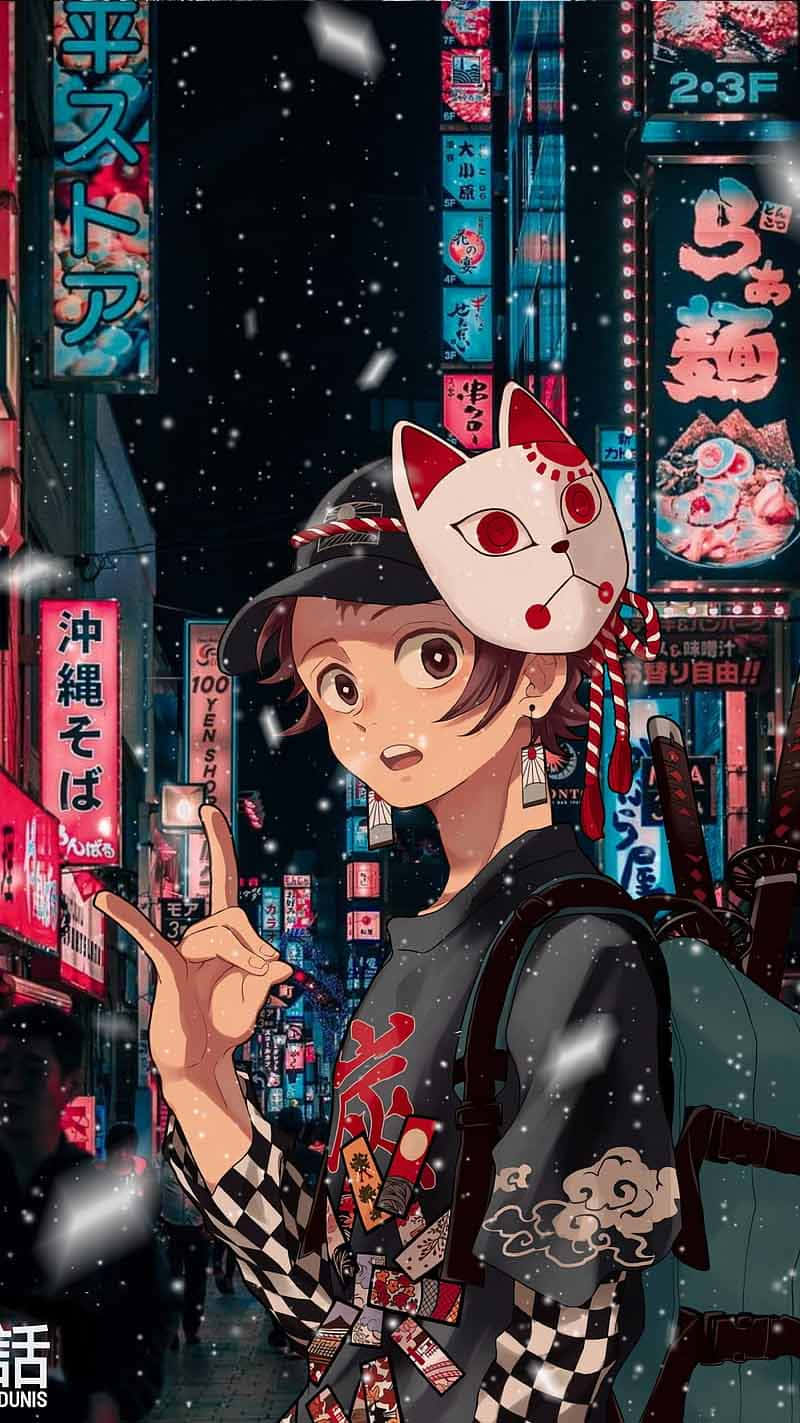 戴狐狸面具的動漫女孩在雪夜霓虹城市中指著