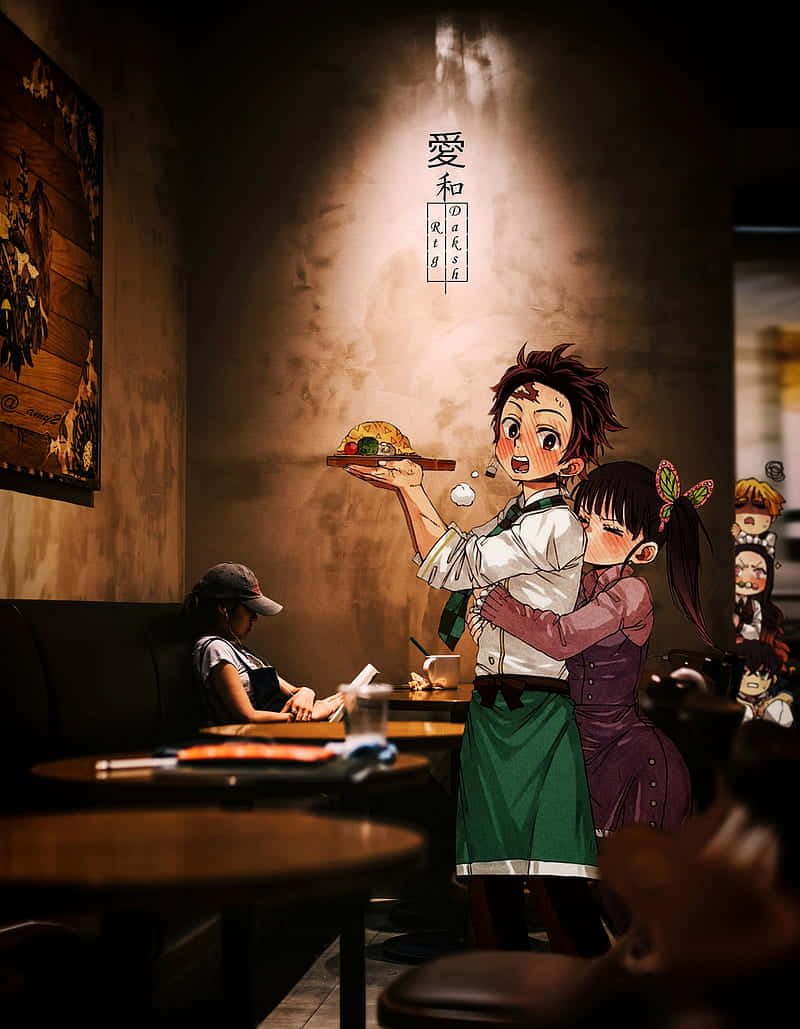 在舒適的咖啡廳中，一個動漫角色正在提供食物，另一個擁抱他們。