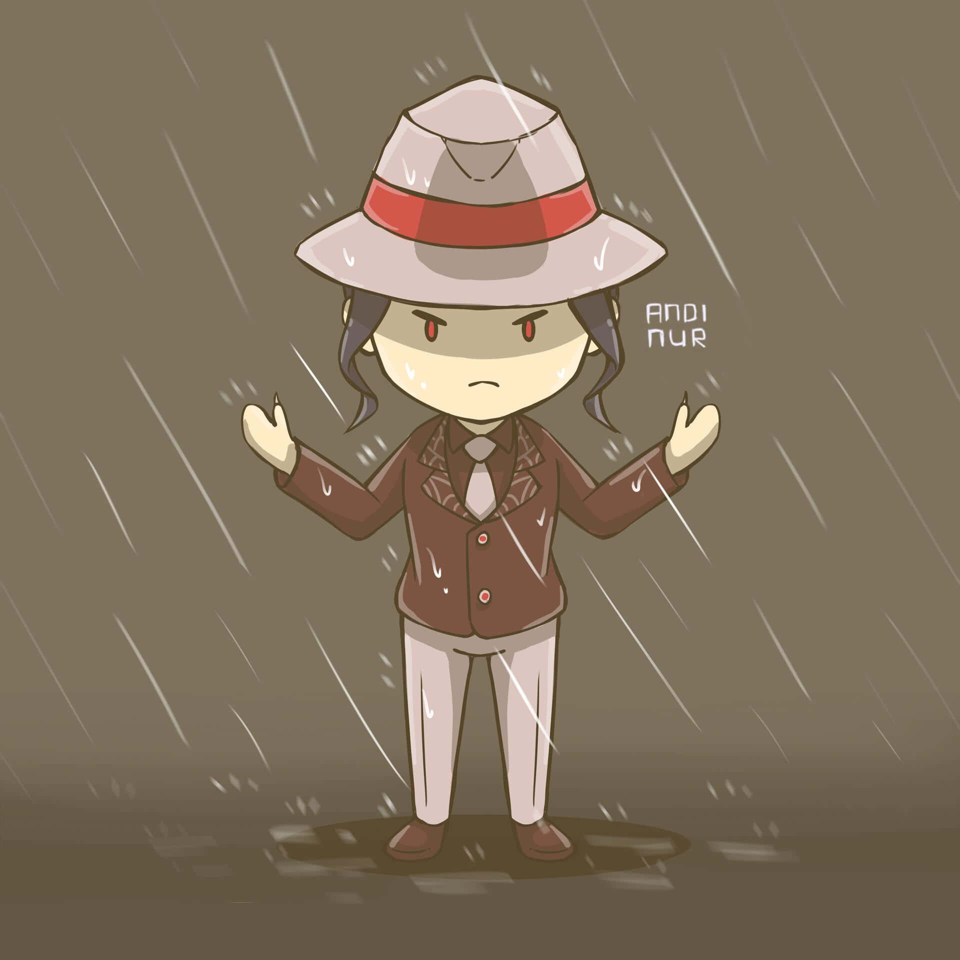 穿著雨衣和軟呢帽的Q版偵探站在傾盆大雨中，面露惱怒。
