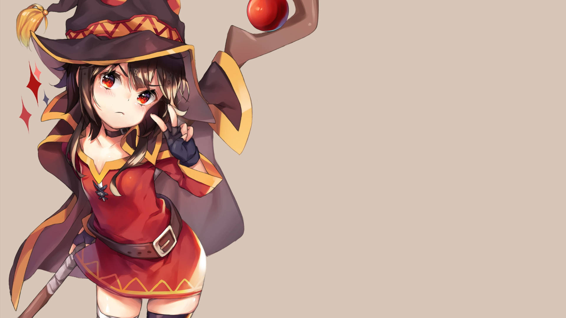 可愛魔女動漫少女 壁紙 — 一個可愛的動漫女巫，身穿紅金服飾，手持發光紅色球體，同時做出和平手勢。