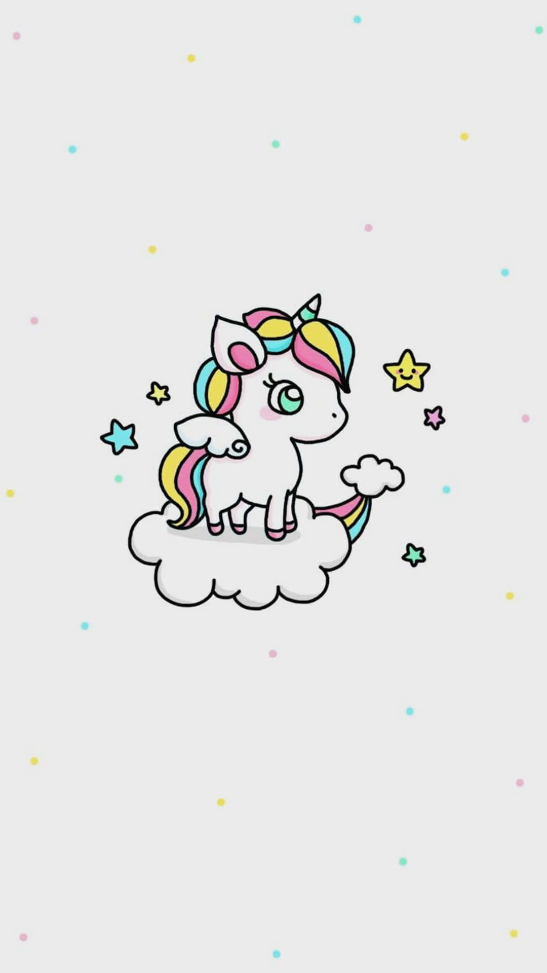 可愛魔法獨角獸 壁紙 — 一隻可愛的卡通獨角獸，擁有彩虹色的鬃毛和尾巴，站在雲朵上，周圍環繞著微笑的星星和粉彩點點。