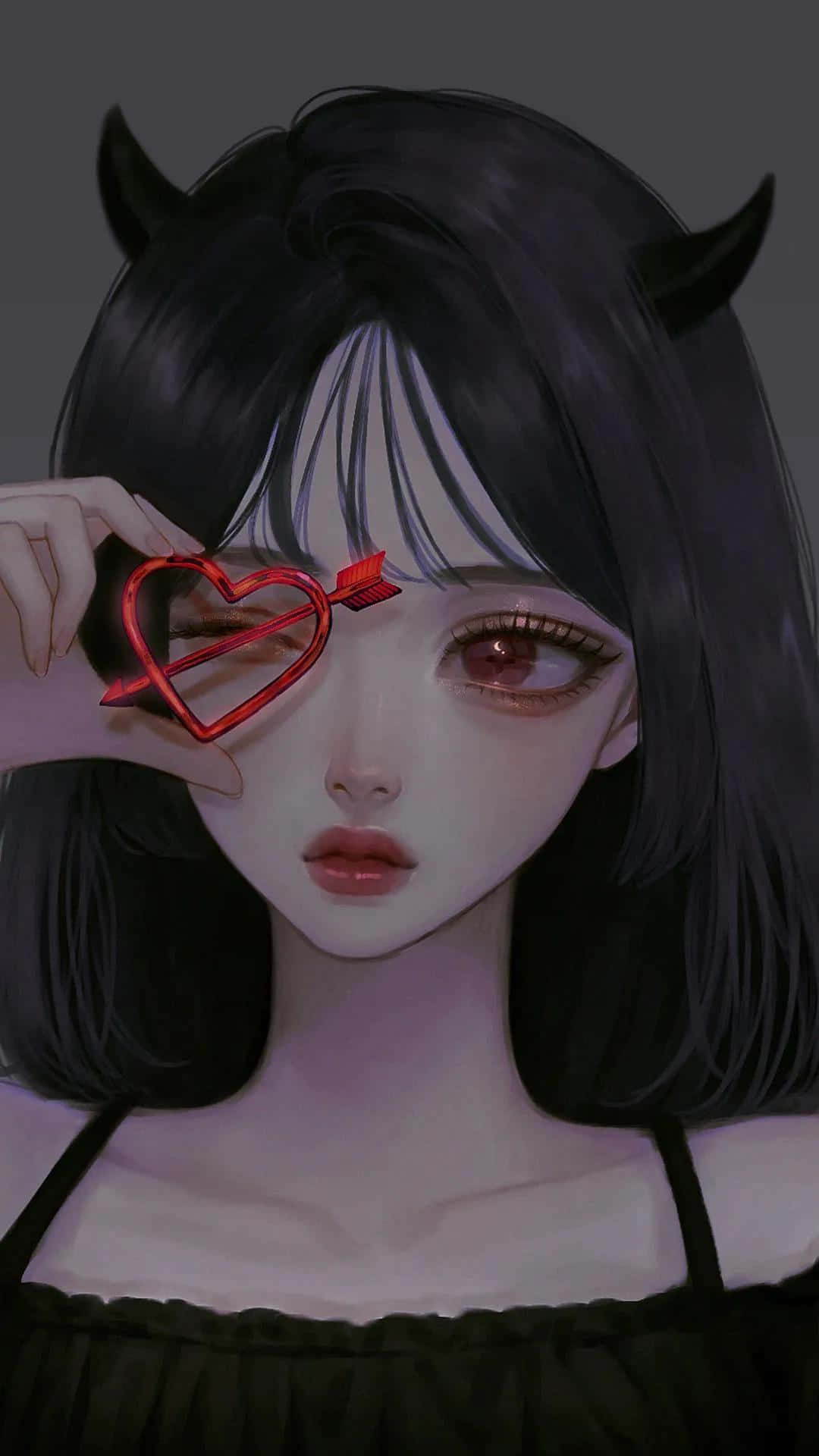 有角的動漫女孩將紅色心形箭矢舉在眼前。