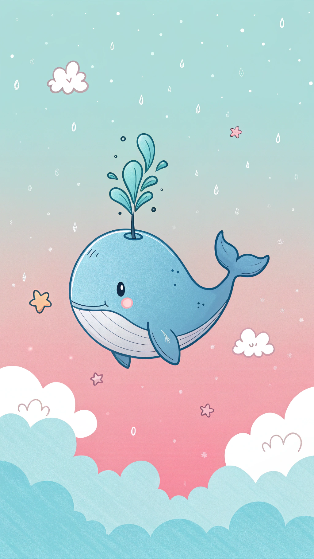 可愛鯨魚插畫，粉藍天空 壁紙 — 一條可愛的藍鯨漂浮在粉彩色的天空中，周圍有雲朵、星星和雨滴，頭頂長出一株植物。