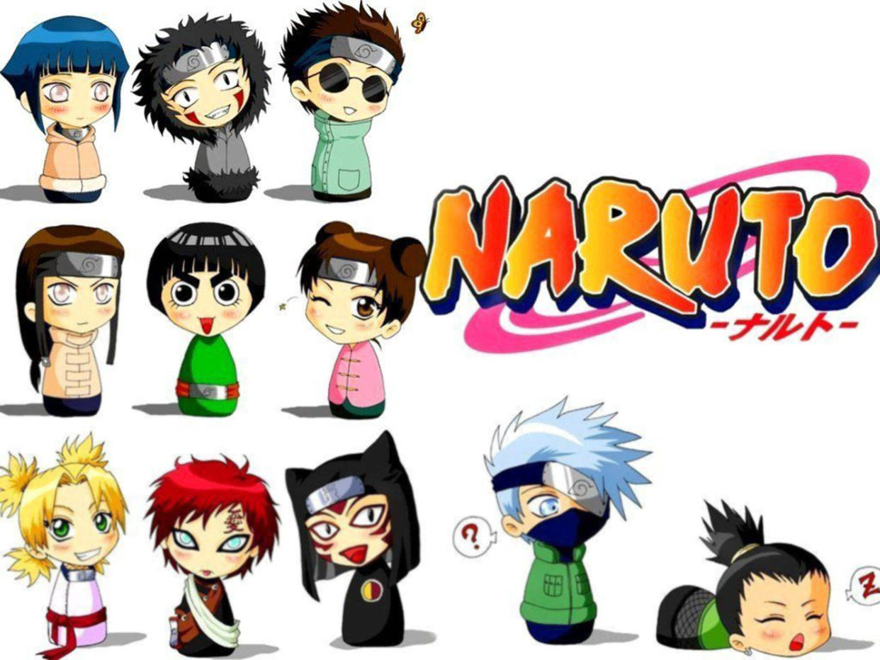 白色背景上帶有標誌的Q版Naruto角色
