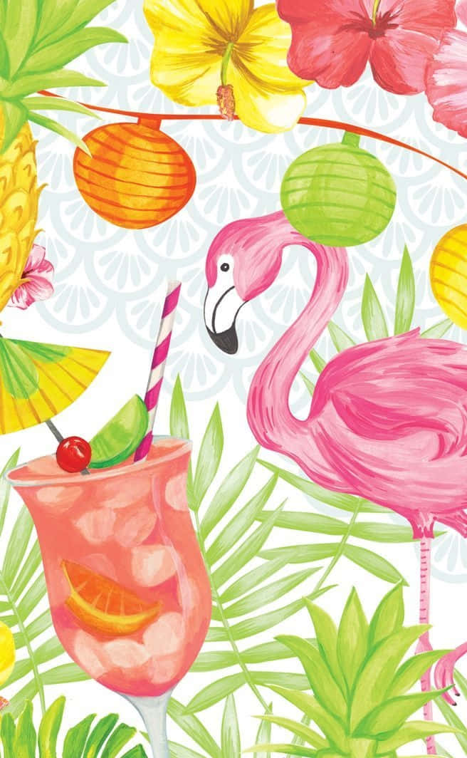 可愛鵲鳥與夏日飲品iPhone壁紙 壁紙 — 一幅充滿活力的熱帶插圖，描繪了一隻粉紅色的火烈鳥旁邊有一杯以青檸和櫻桃裝飾的粉紅色雞尾酒。
