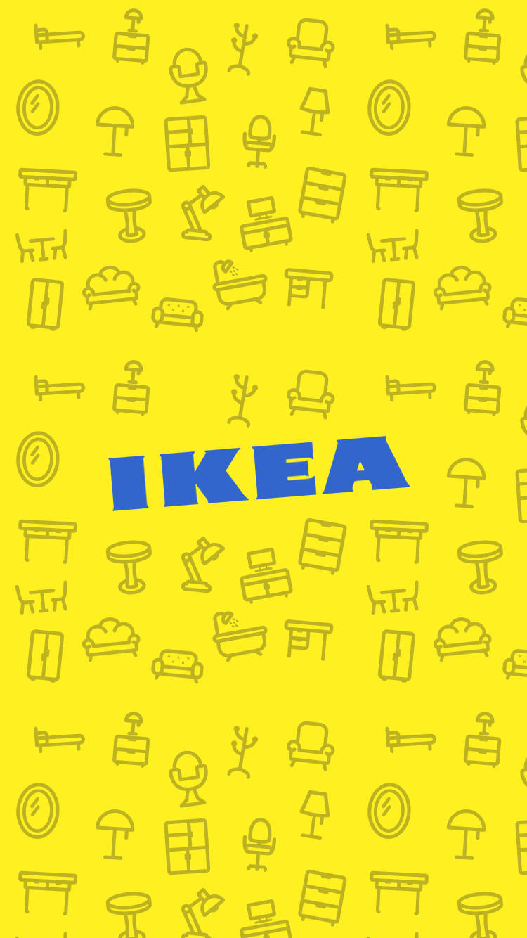 帶有家具圖標和藍色 IKEA 標誌的黃色牆紙。