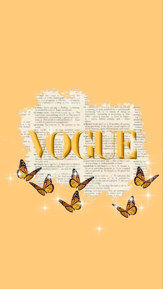 黃色背景上帶有蝴蝶和閃光的金色Vogue文字。