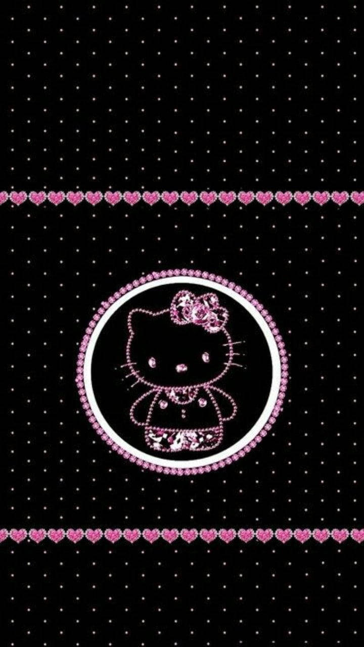 Hello Kitty 在粉紅色閃粉框架內，位於黑色圓點背景上，帶有心形邊框。