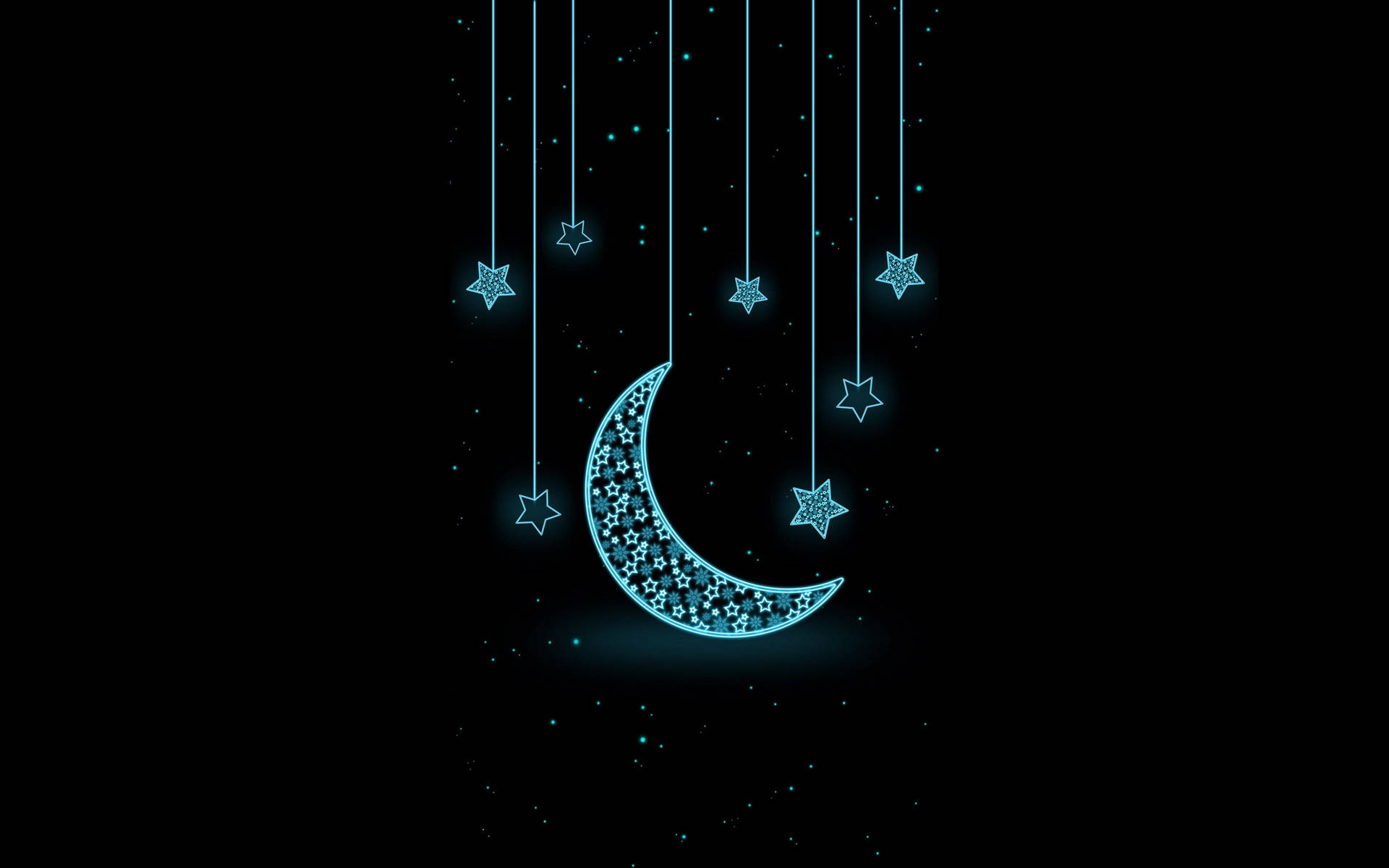 在黑暗夜空中像裝飾品一樣懸掛的發光藍色月亮和星星。