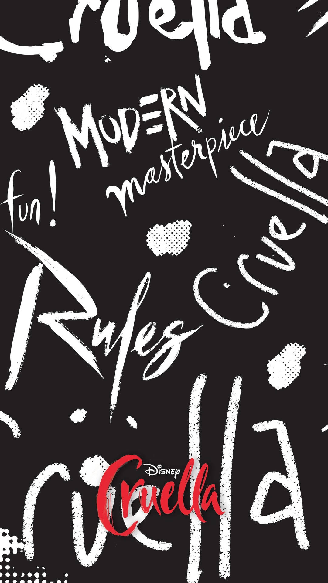 黑色背景，白色塗鴉文字和紅色迪士尼 Cruella 標誌。
