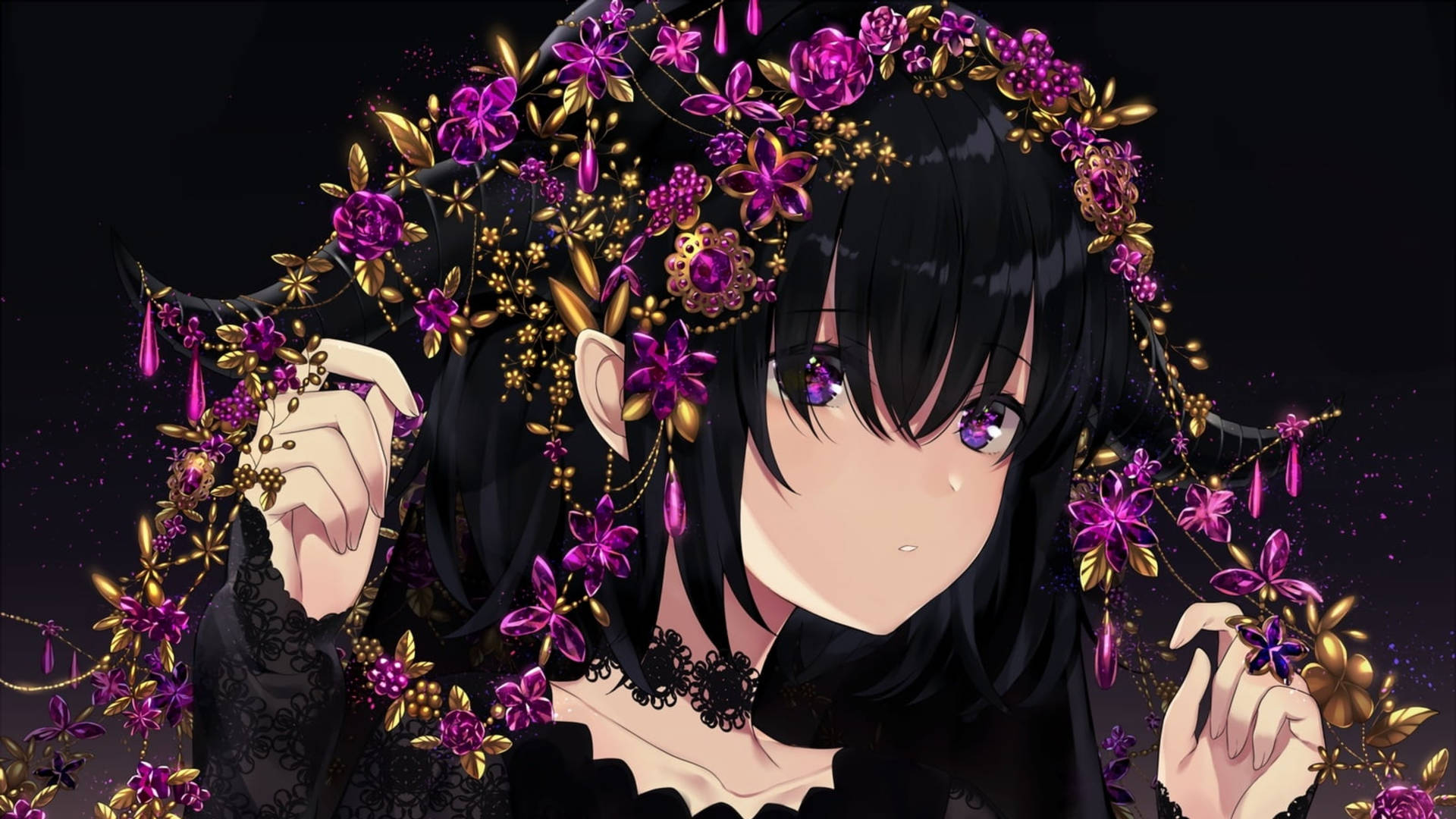 黑髮紫眼的動漫女孩，戴著花冠。