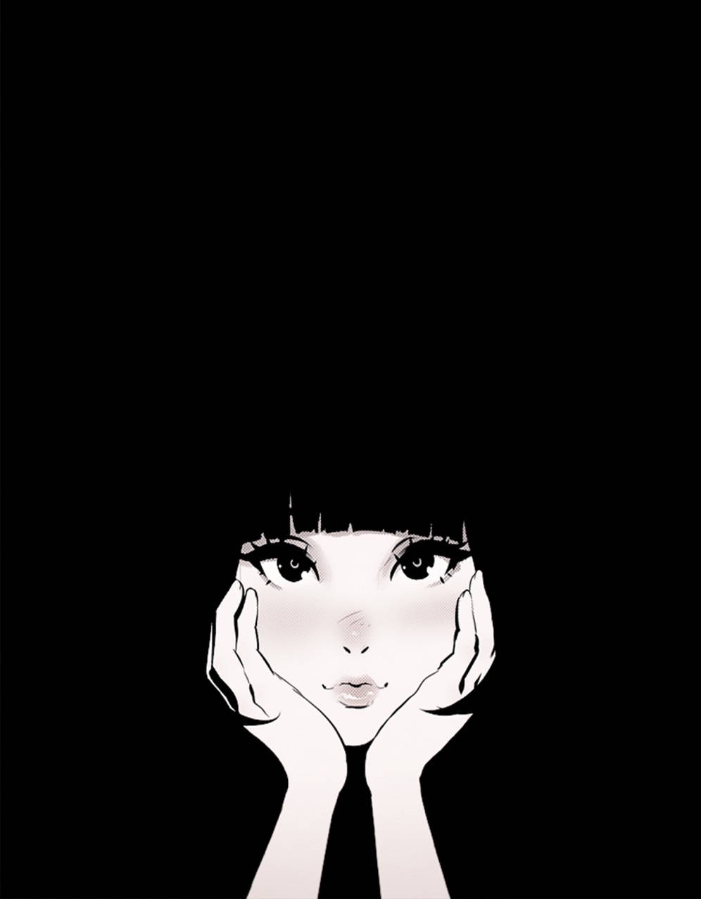 短發動漫女孩雙手捧著臉，黑色背景。