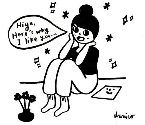 女孩盤腿而坐，對話框寫著「嗨，這是我喜歡你的原因...」，旁邊有一本微笑的書和花朵。