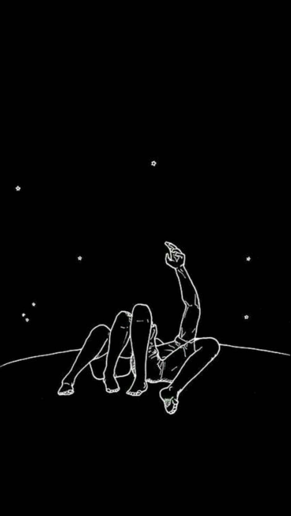 可愛黑調仰望星空美學 壁紙 — 一個極簡風格的白色線條畫，描繪一個人躺在彎曲的地平線上，指著星星，背景是黑色虛空。