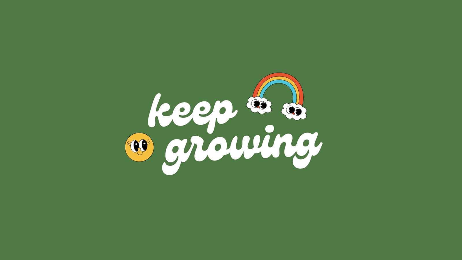 勵志短語 keep growing，帶有微笑的太陽和彩虹雲朵，背景為綠色。 — 鼠尾草綠 壁紙