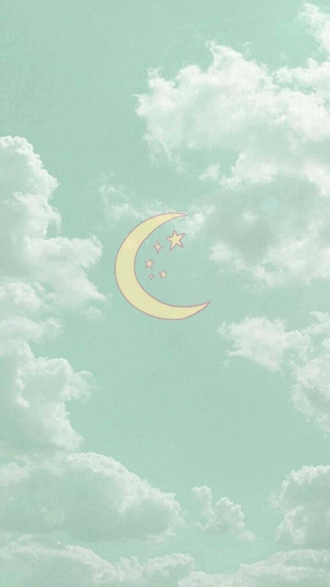 有雲同新月同星星嘅粉彩天空。 — 鼠尾草綠 壁紙