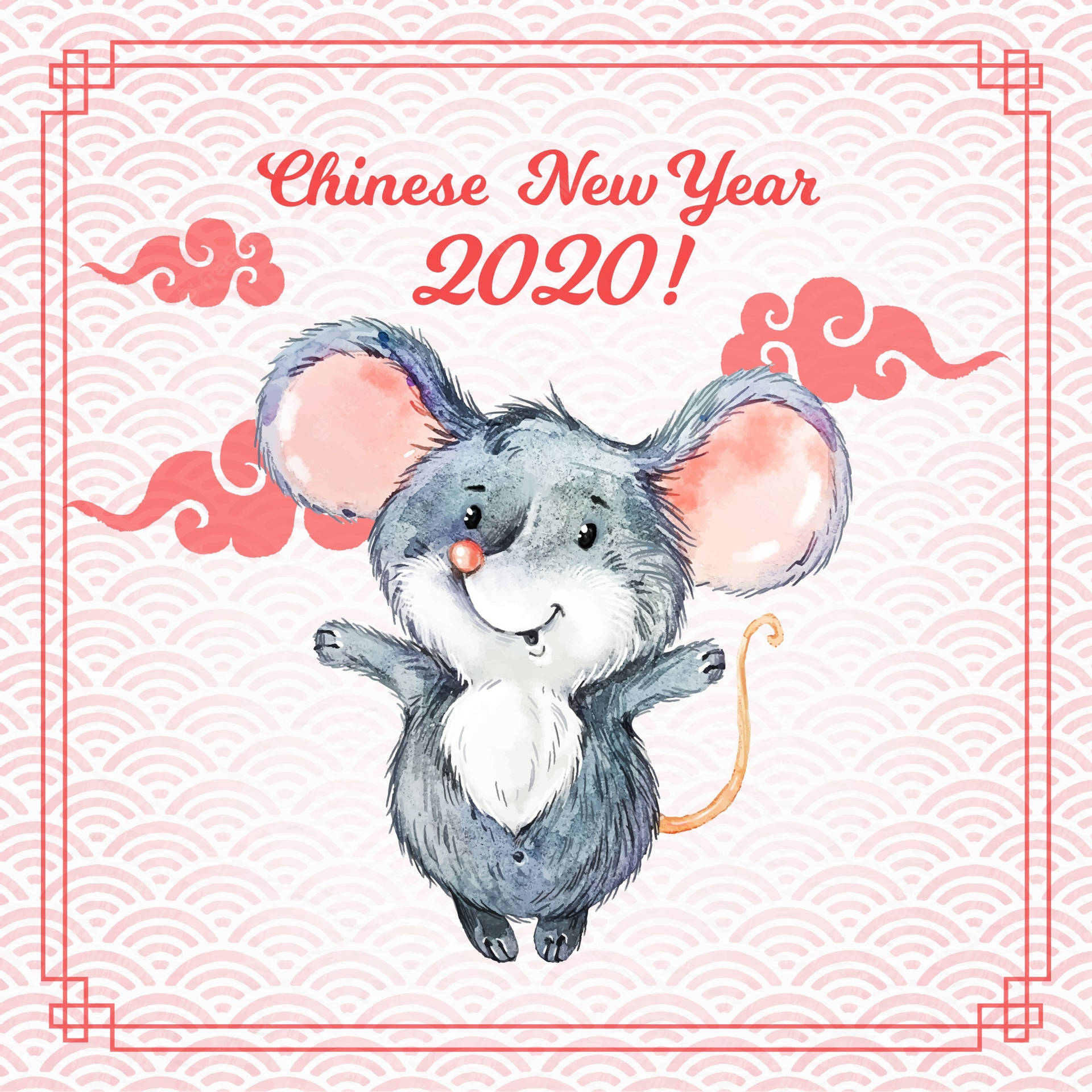 可愛鼠年2020 壁紙 — 一隻快樂的水彩老鼠在粉紅色波浪圖案、紅色雲朵和裝飾框架的背景下慶祝2020年農曆新年。