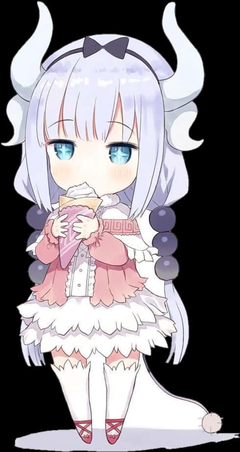 可愛龍族少女動漫角色 壁紙 — 一個銀髮有角的Q版動漫女孩在黑色背景前吃雪糕。