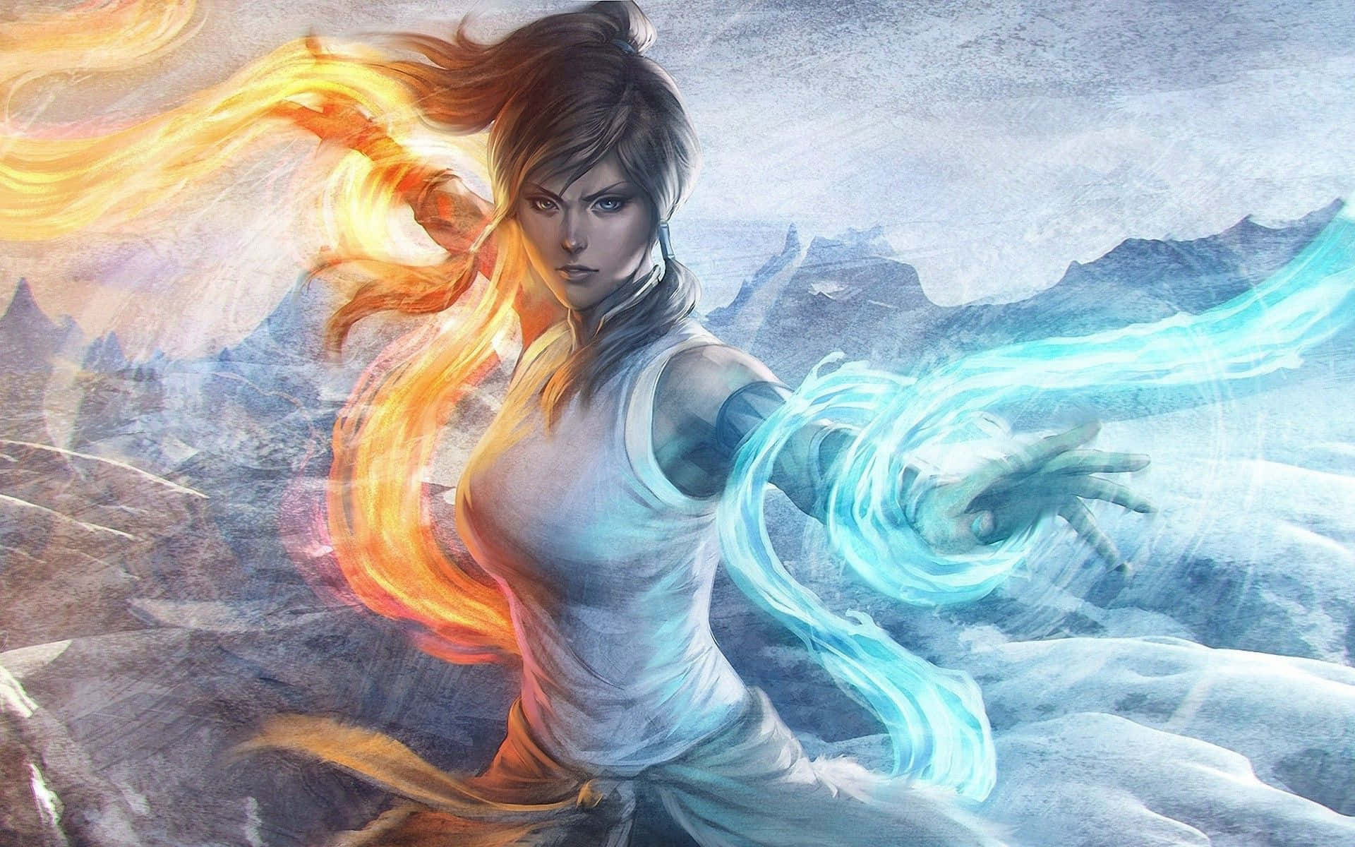 可拉在《可拉傳奇》中展現力量 壁紙 — 一位兇猛的女戰士在白雪皚皚的山脈背景下，引導熾熱的橙色和冰冷的藍色元素能量。